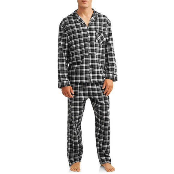 HANES Pajamas Mens Large Black Plaid Woven Flannel Sleepwear PJ Set - Picture 1 of 4